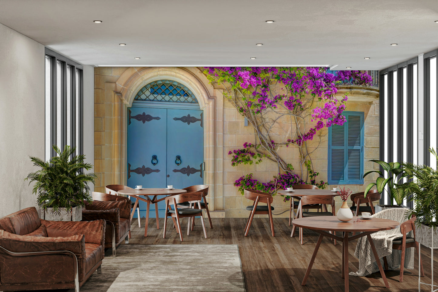 A room decorated with the Bougainvillea Door mural.

