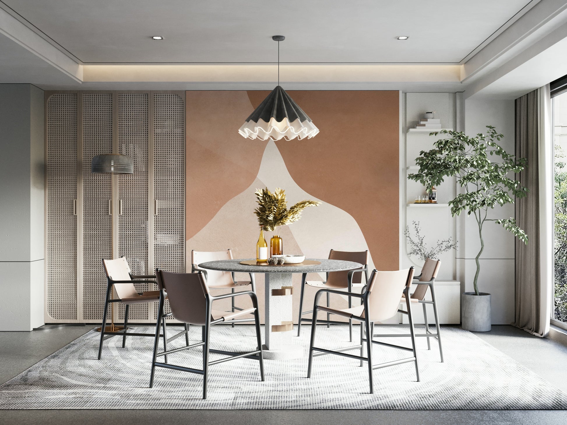 The colors are a warm, earthy palette of terracotta, beige, sand, and brown.

