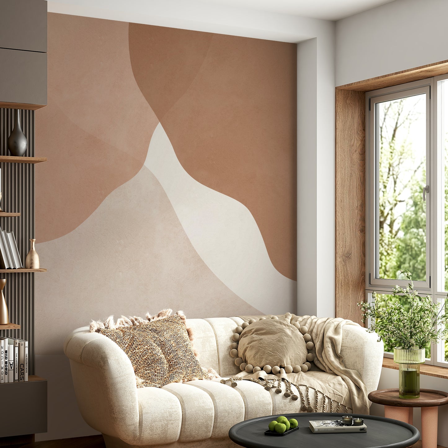 The wall mural is installed on a living room feature wall.

