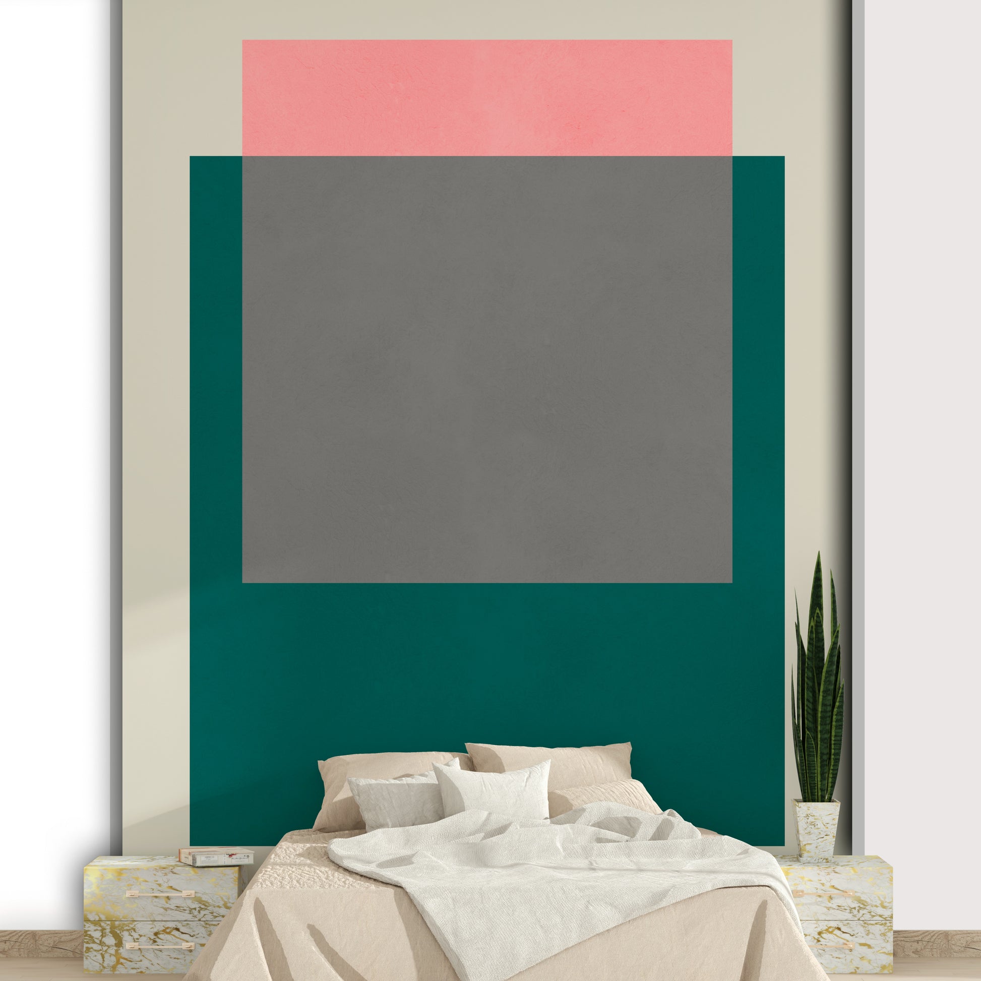 The colors are soft, muted tones of dusty rose, sage green, pale sky blue, warm beige, and terracotta.

