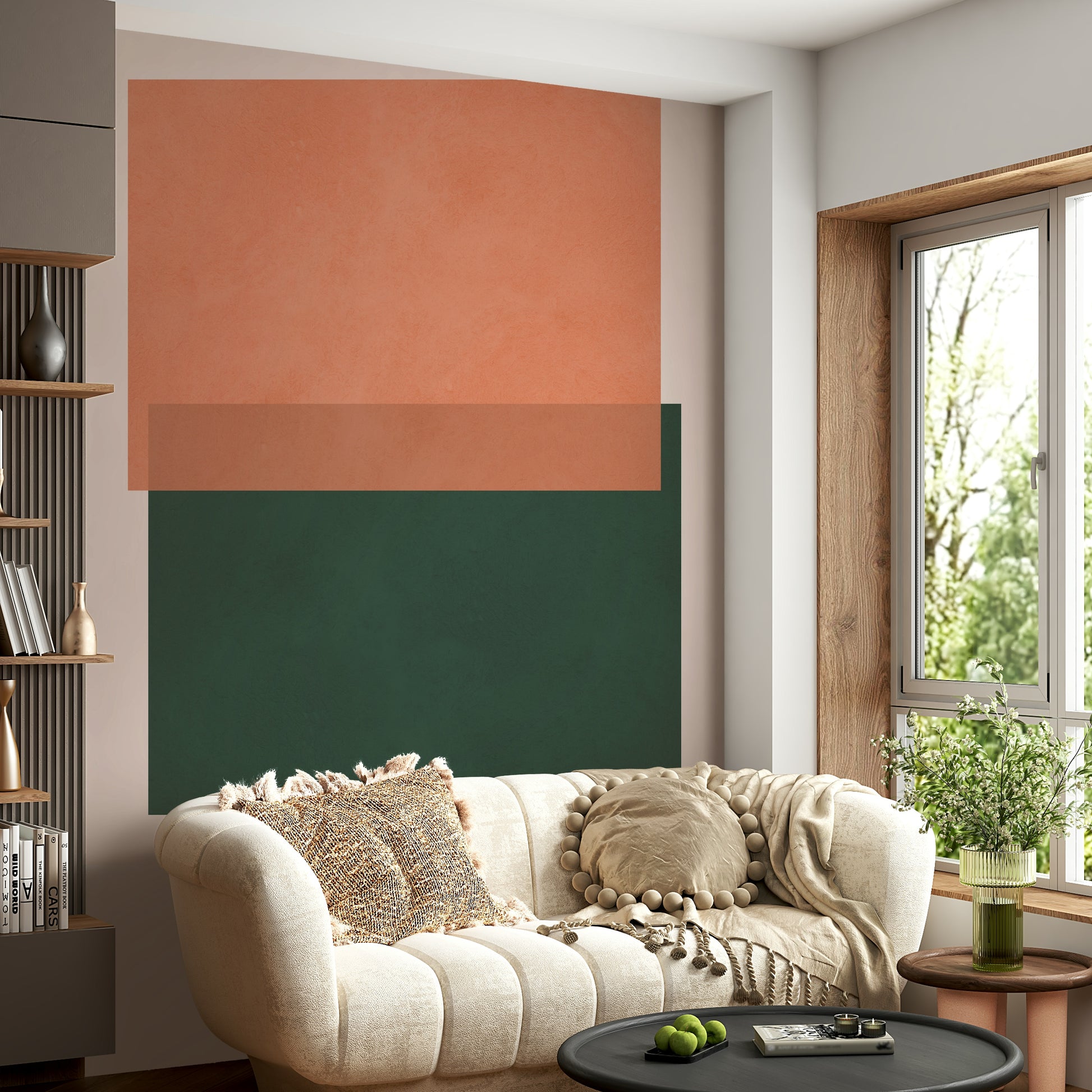 The colors are soft, muted tones of terracotta, ochre, olive green, muted teal, and warm beige.

