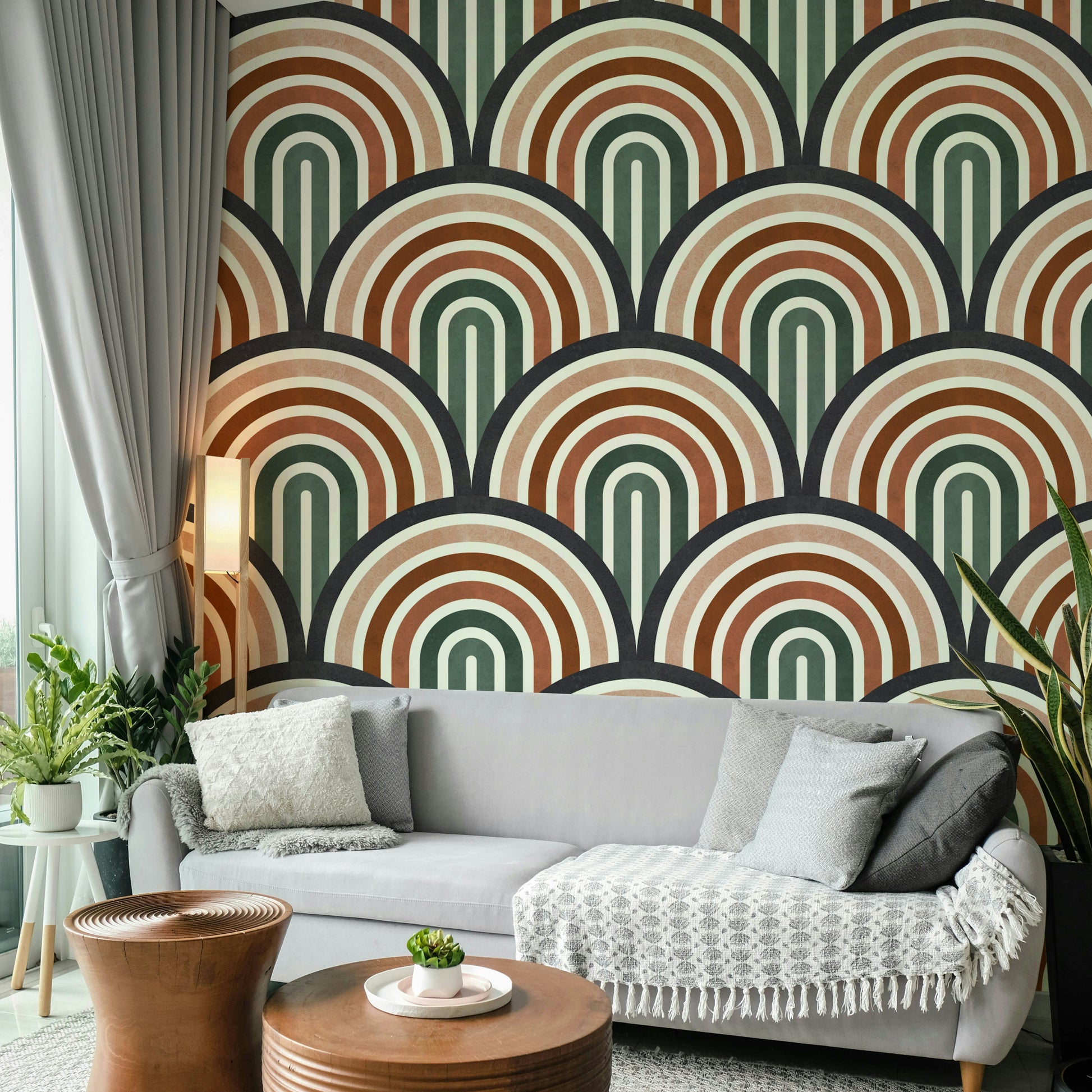 The colors are soft, muted tones of mustard yellow, avocado green, burnt orange, and cream.

