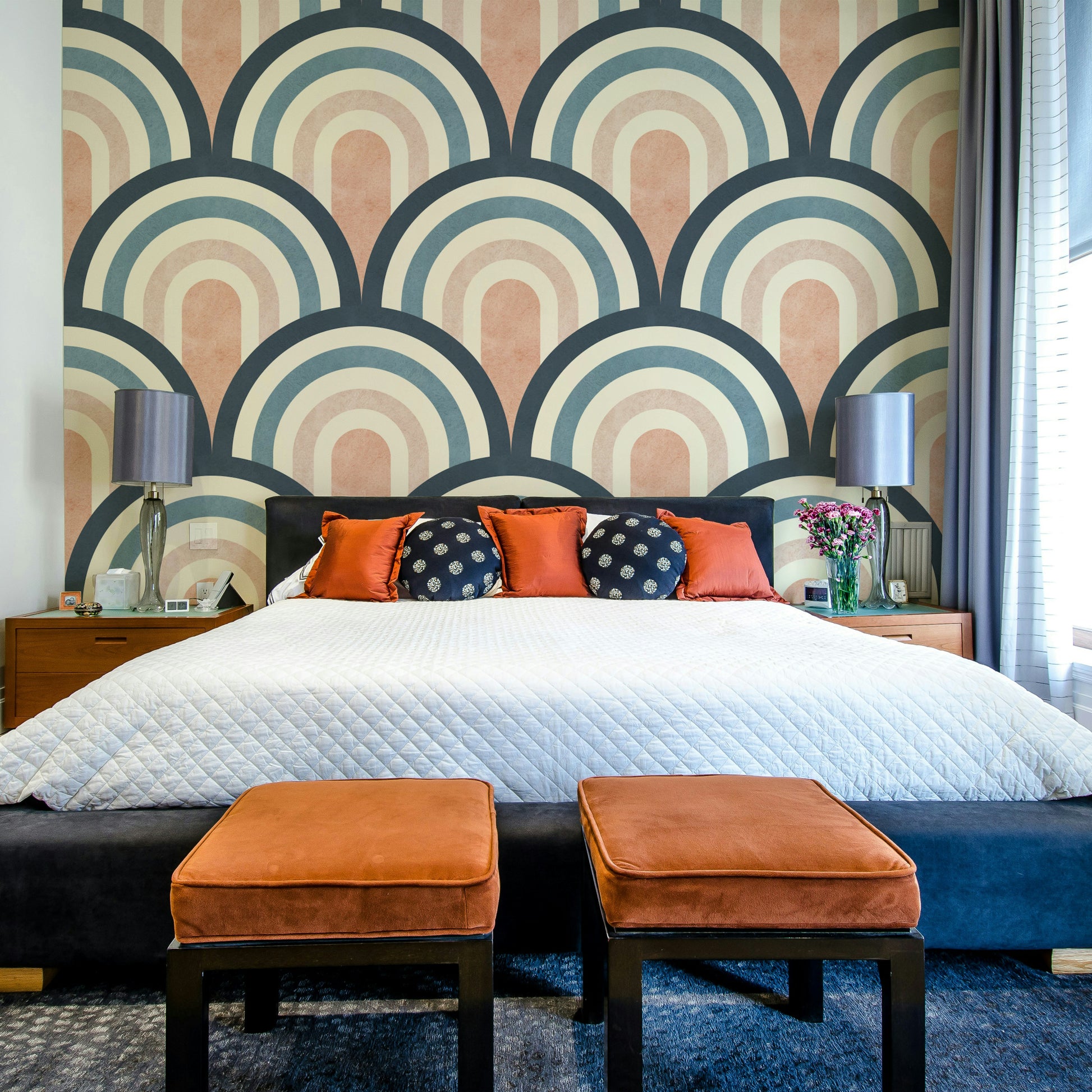 A wall mural of a peaceful archway pattern.

