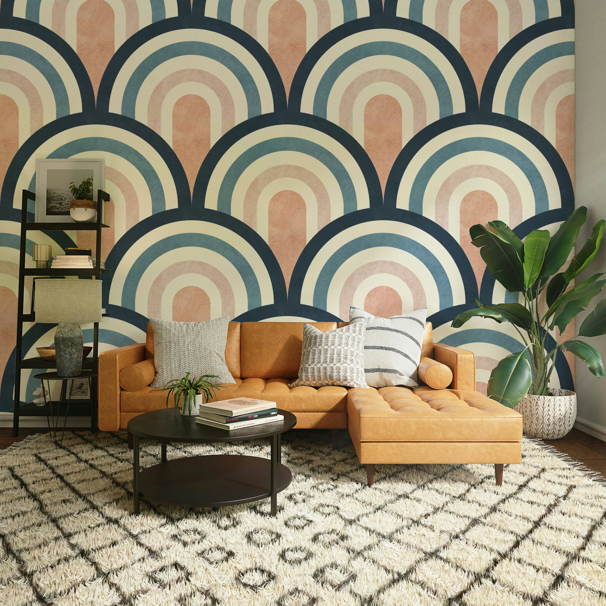 The colors are soft, muted tones of peach, blue, and cream.

