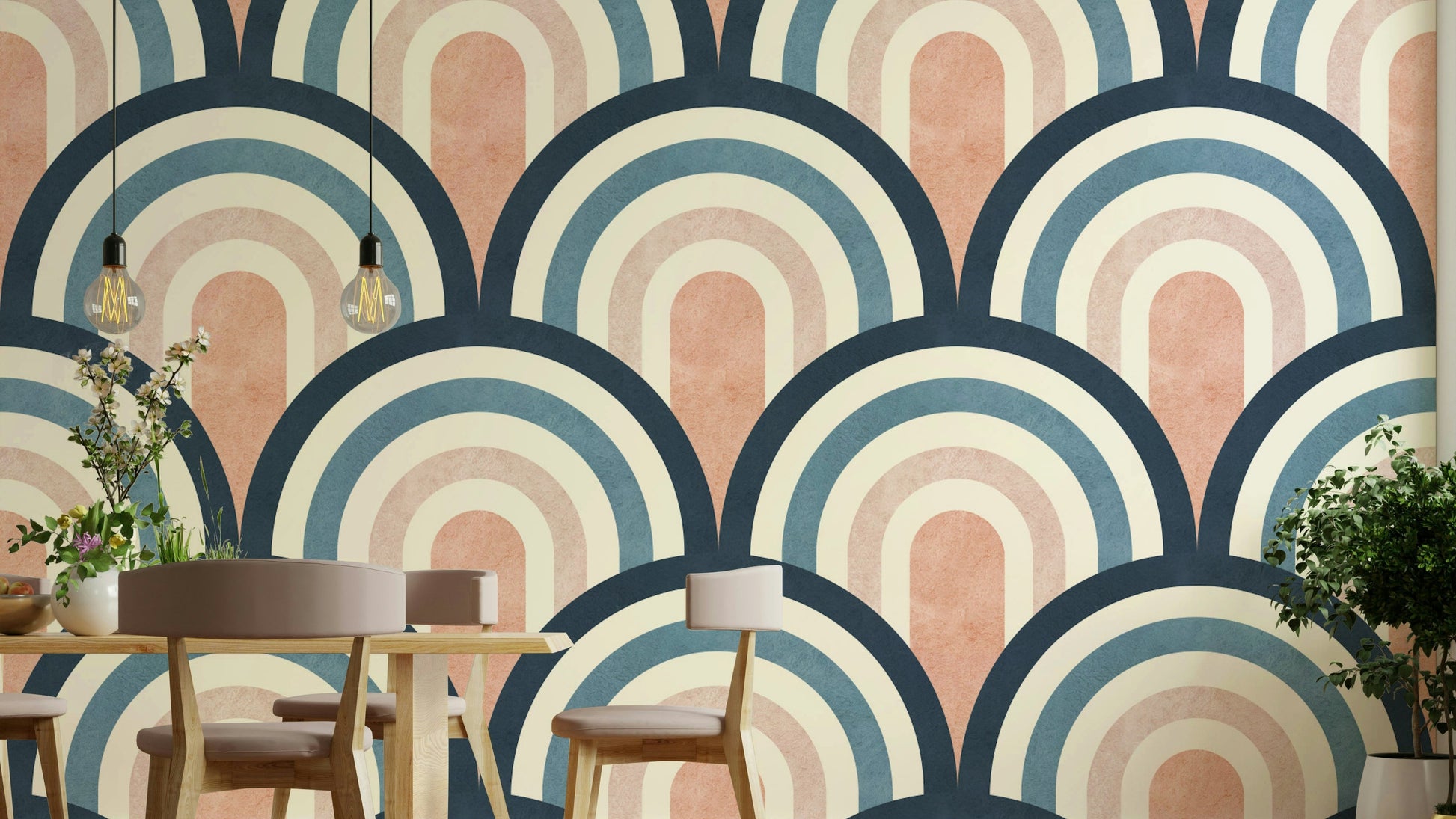 The image shows an artistic impression of a serene archway pattern with a soft, retro feel.

