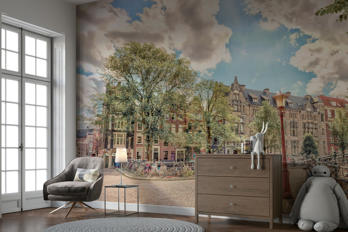 A wall mural of a peaceful street scene.


