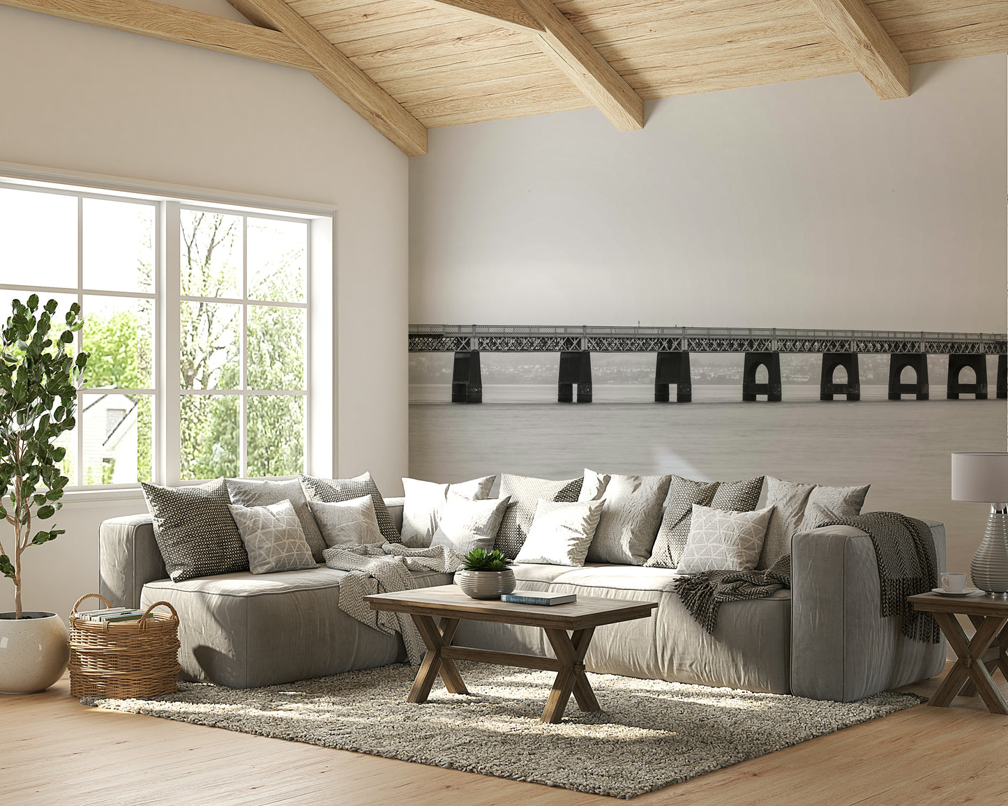 The bridge and the landscape are a central focus of the image.

