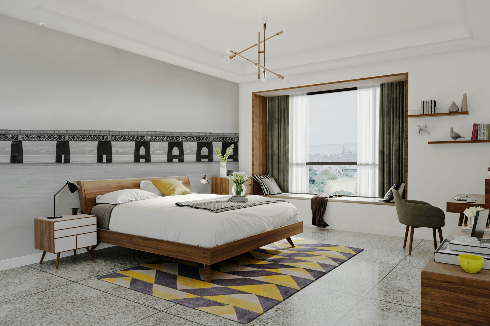 The image shows an artistic impression of a serene bridge scene in black, white, and gray tones.

