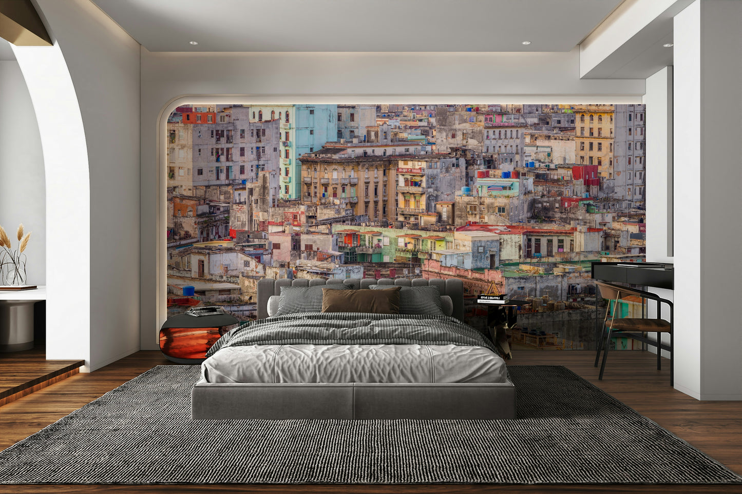 The mural gives a feeling of being in a classic urban setting.

