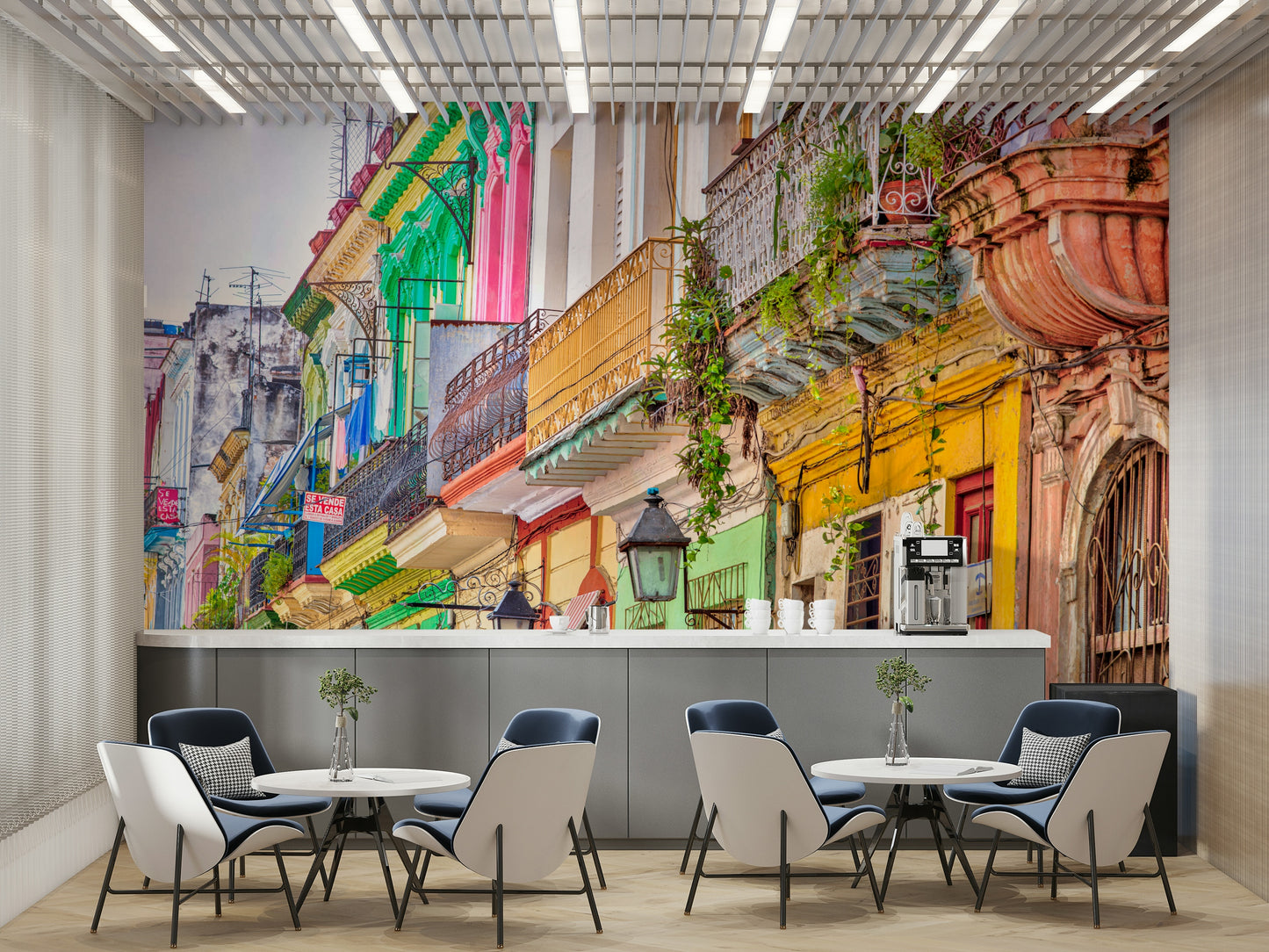 The mural gives a feeling of being in a classic urban setting.

