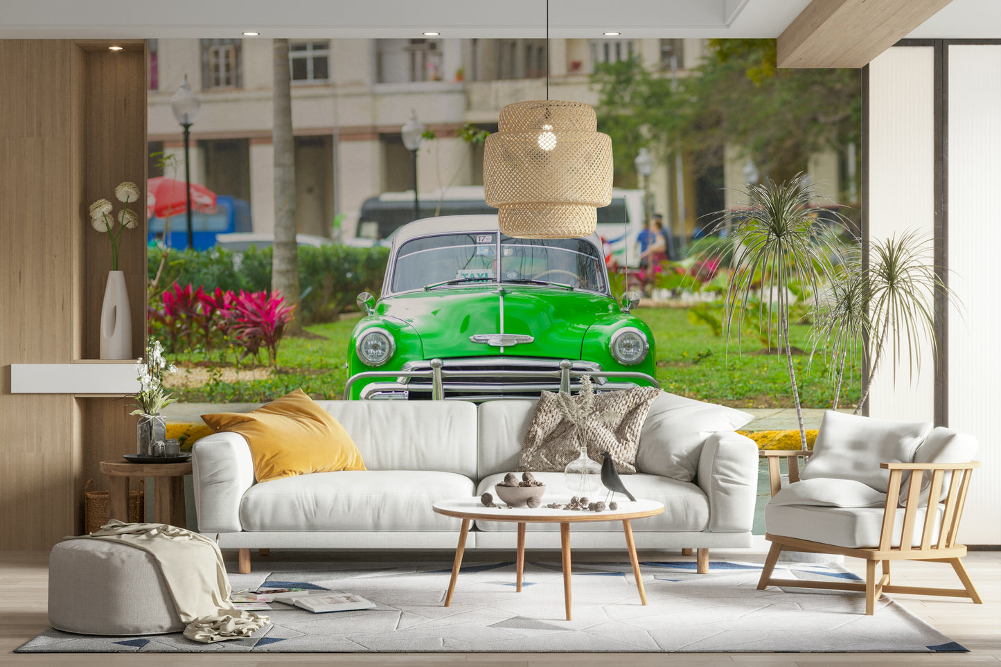 A wall mural of a classic car in Cuba.

