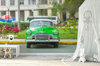 The mural gives a feeling of classic automotive design.

