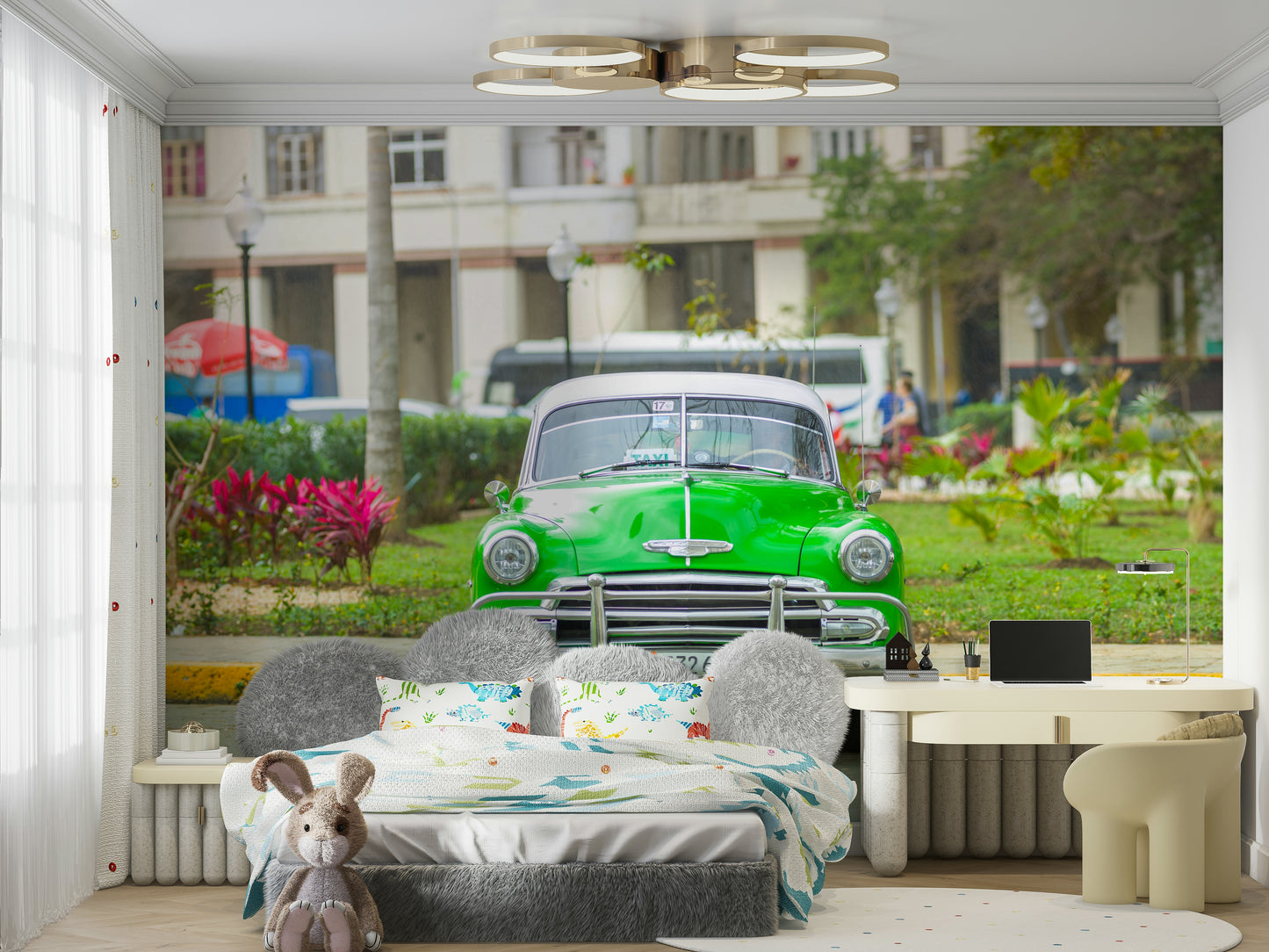 The composition is from a street-level perspective.

