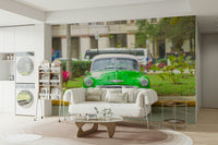 The image shows a vintage car on a city street.

