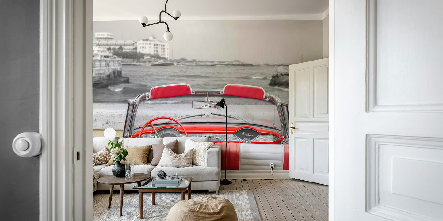 The image shows the dashboard and seats of a vintage car.

