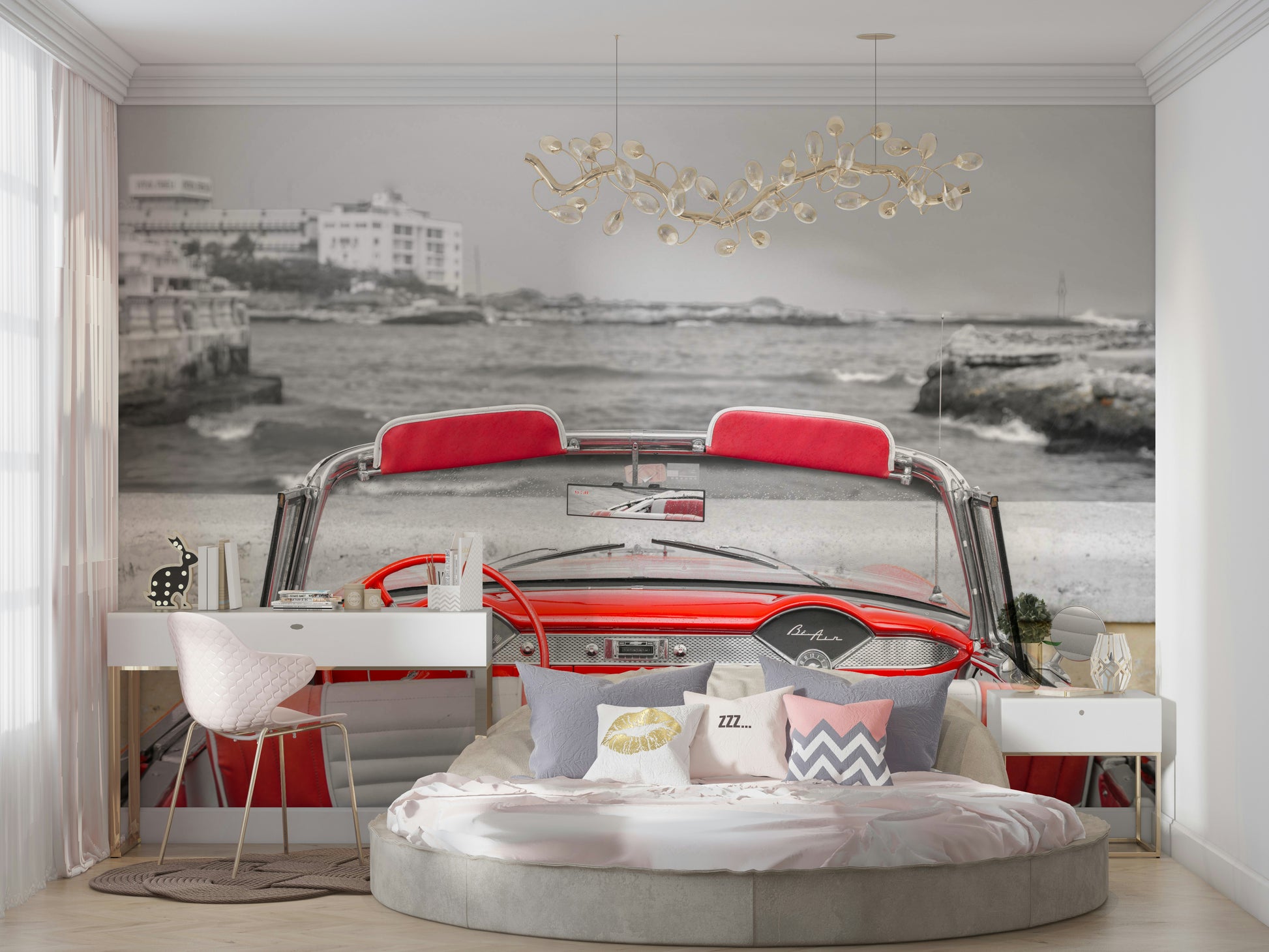 The mural gives a feeling of classic automotive design.

