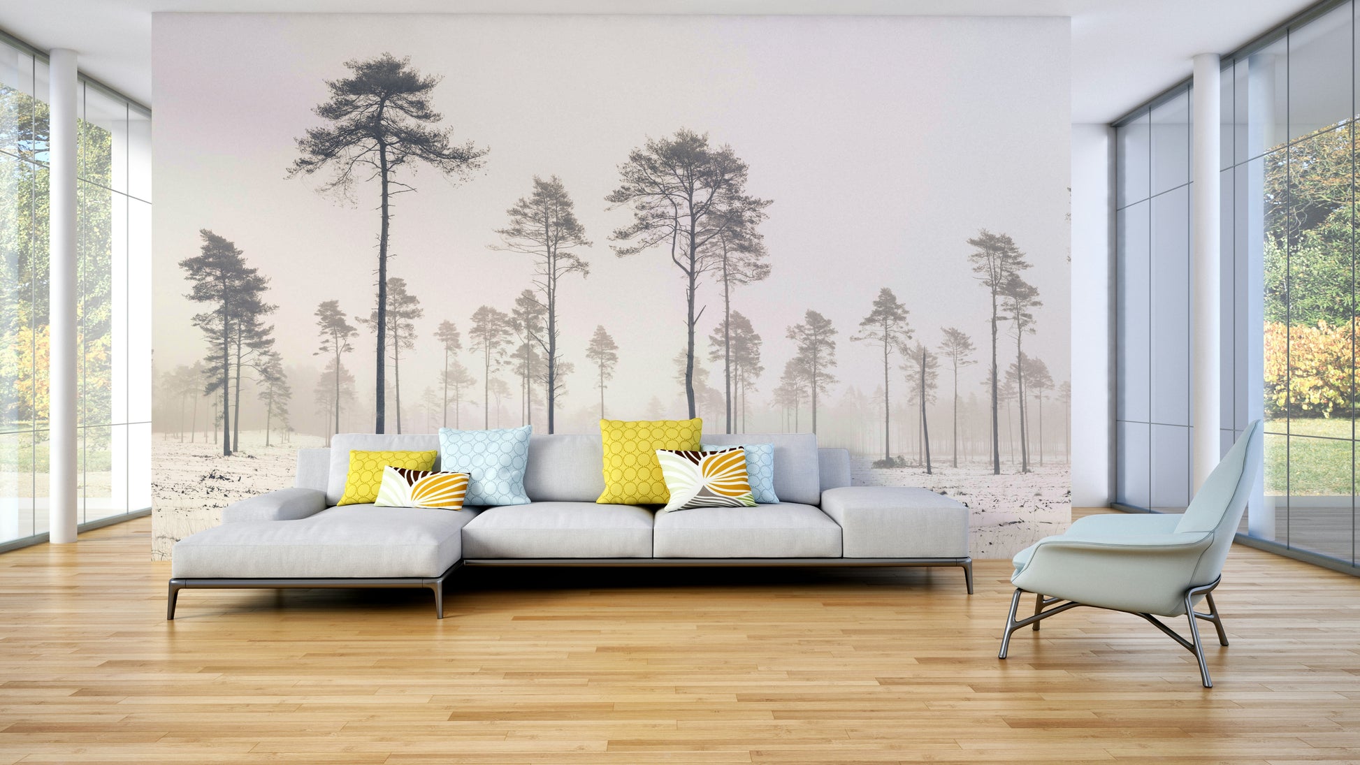 The mural gives a feeling of being in a quiet, natural place.

