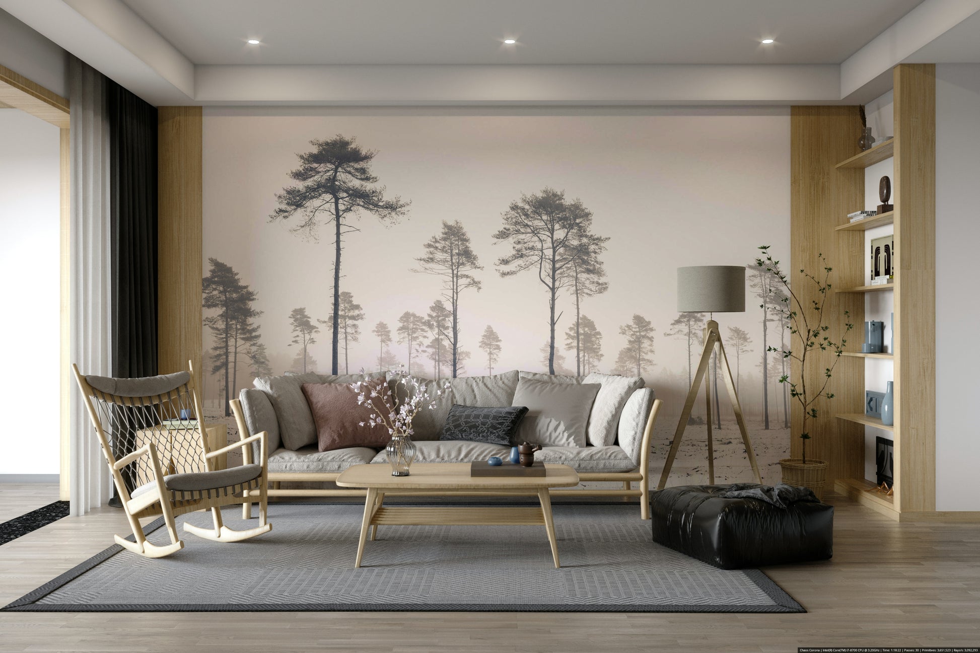 The image shows tall, bare trees standing peacefully in the snow.

