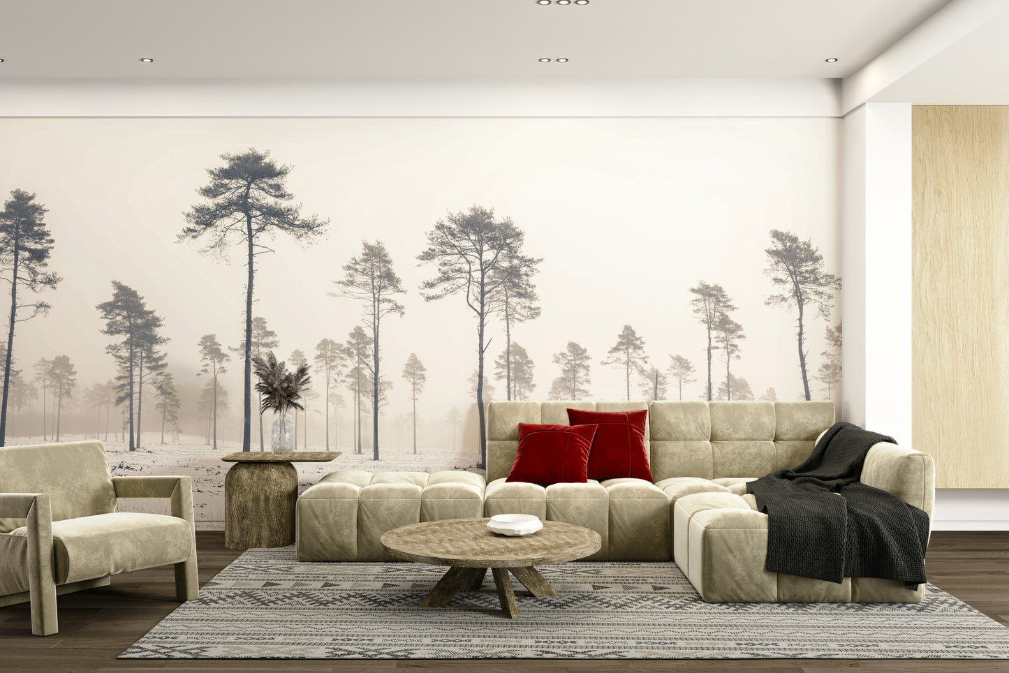 The composition is a wide panorama of the forest.

