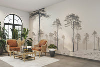 A wall mural of a snowy forest.

