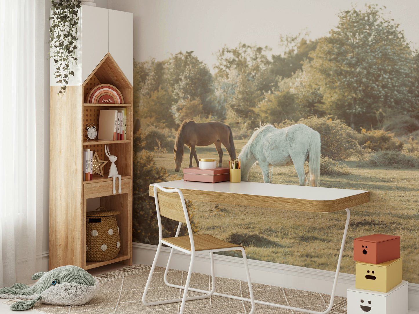 A wall mural of two horses grazing in a field.

