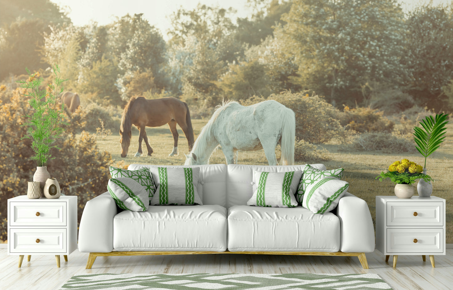 The mural gives a feeling of being in a quiet, natural place.

