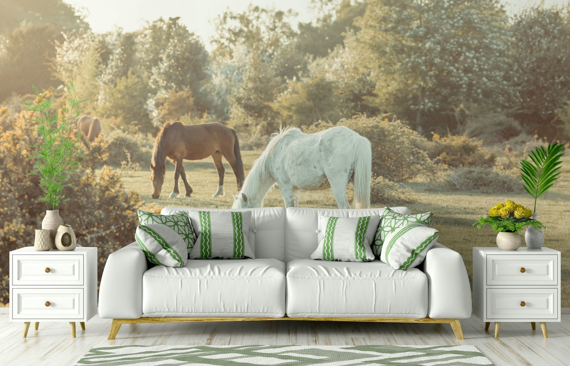 The mural gives a feeling of being in a quiet, natural place.

