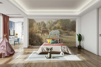 The image shows a light-colored horse in the foreground.

