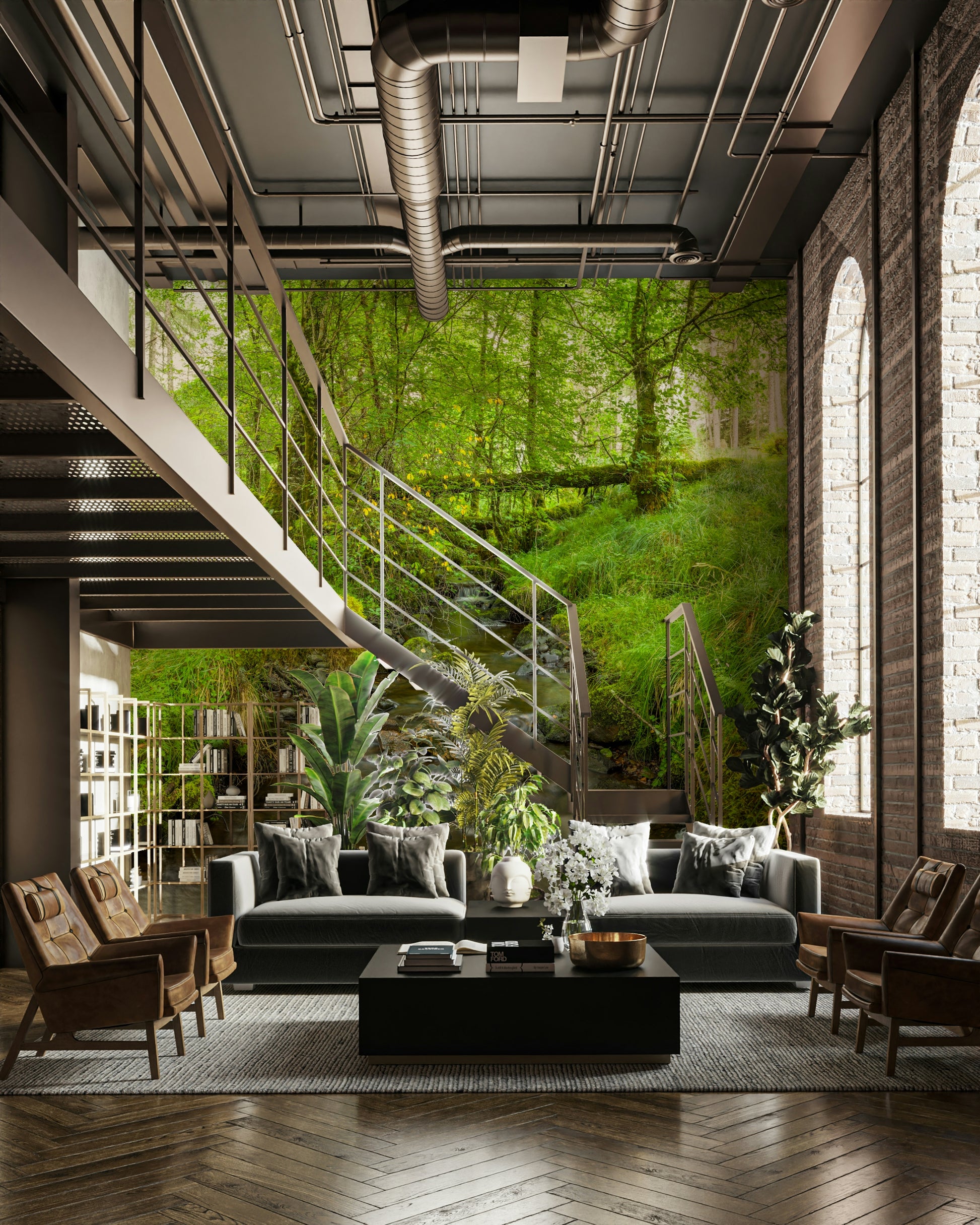 The mural gives a feeling of being in a quiet forest.

