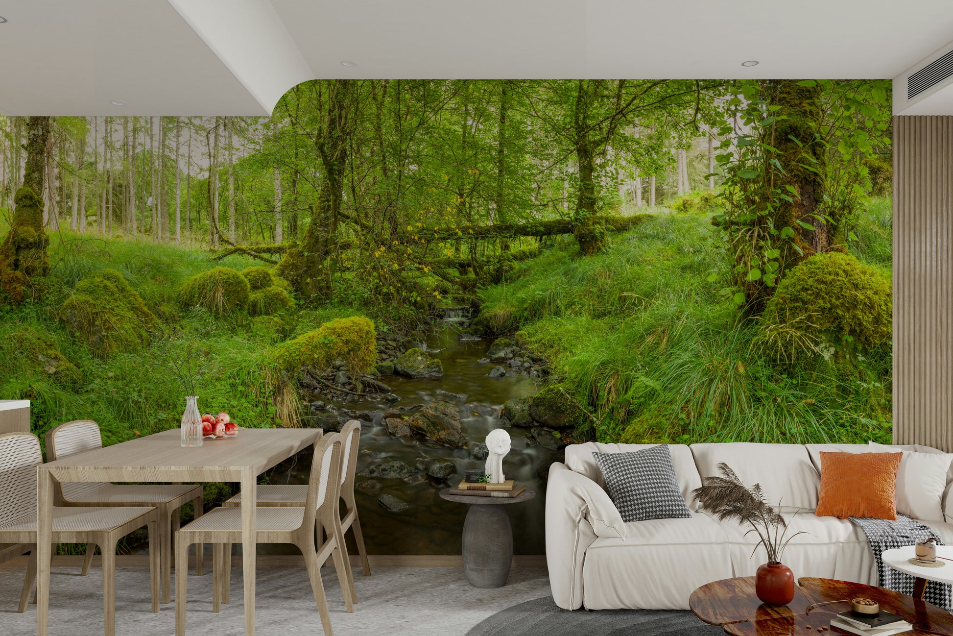 A wall mural of a stream flowing through a forest.

