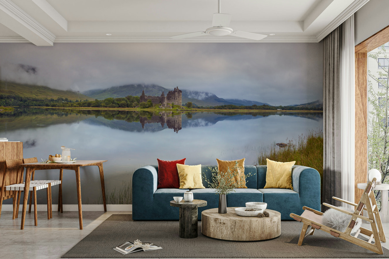 A wall mural of a serene lochside view.

