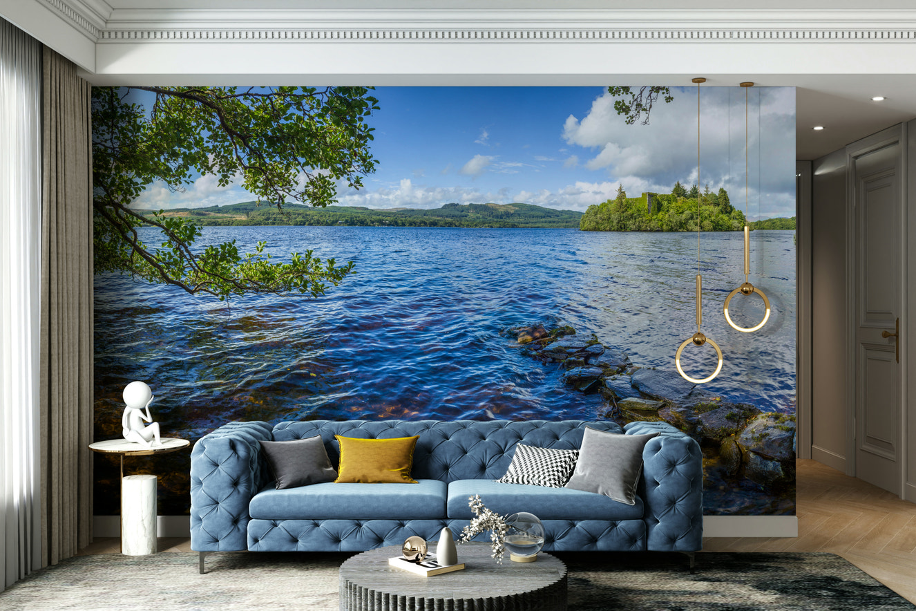 A wall mural of a serene loch view.

