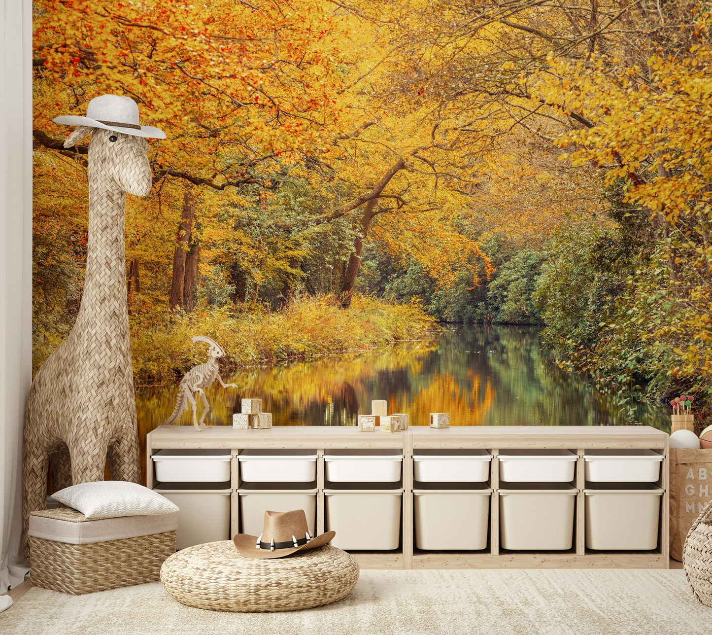 The colors are vibrant tones of gold, red, and orange.

