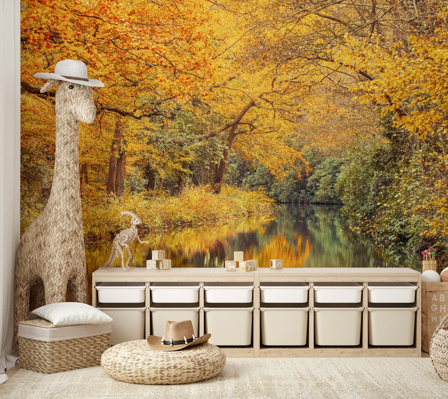 The colors are vibrant tones of gold, red, and orange.

