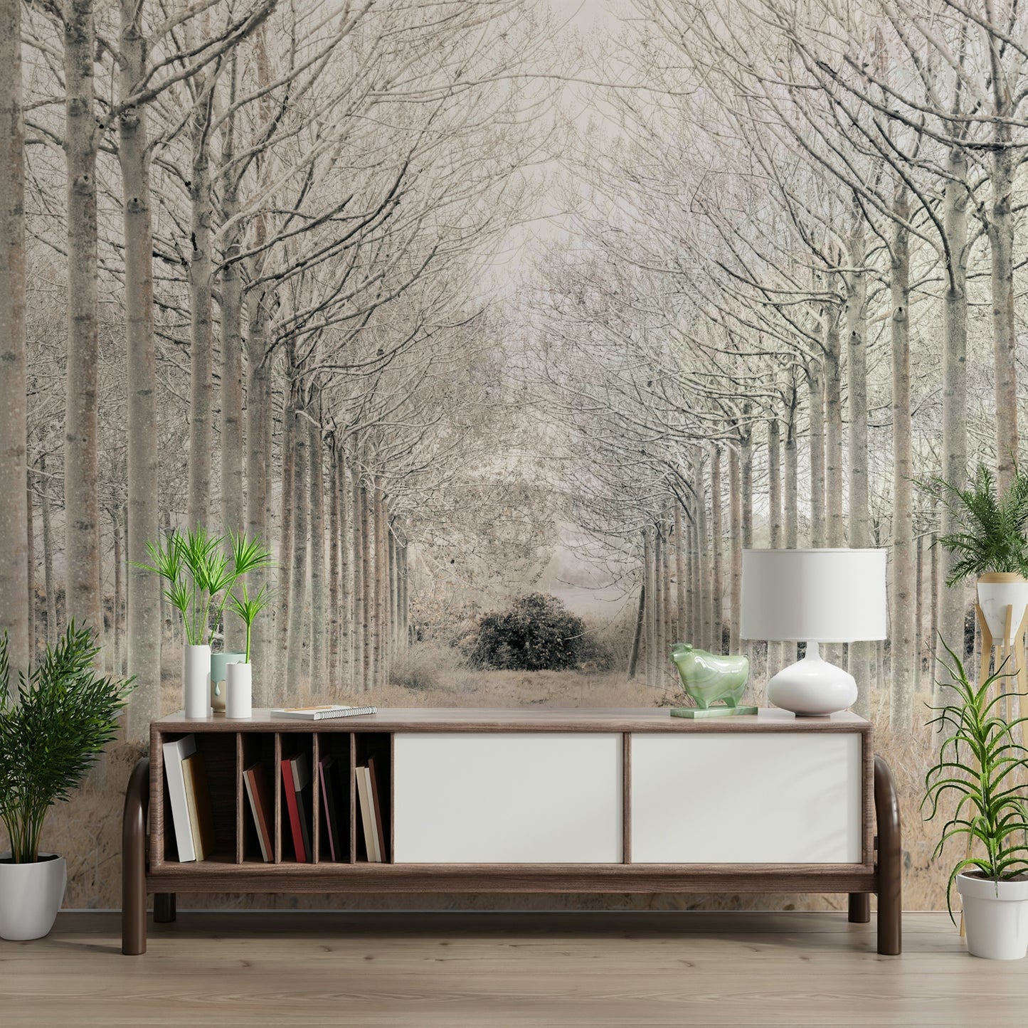 The mural gives a feeling of being in a quiet, natural place.

