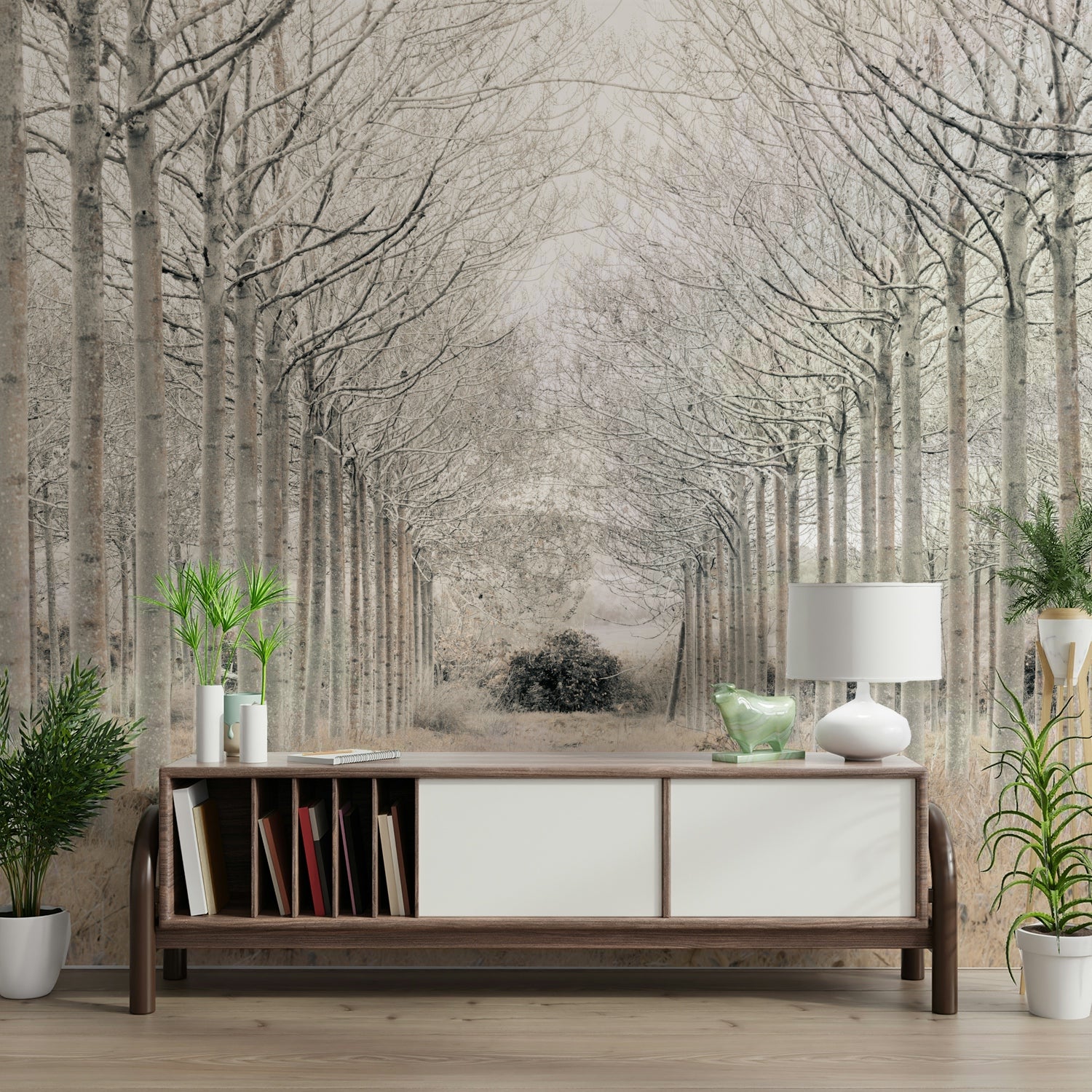 The mural gives a feeling of being in a quiet, natural place.

