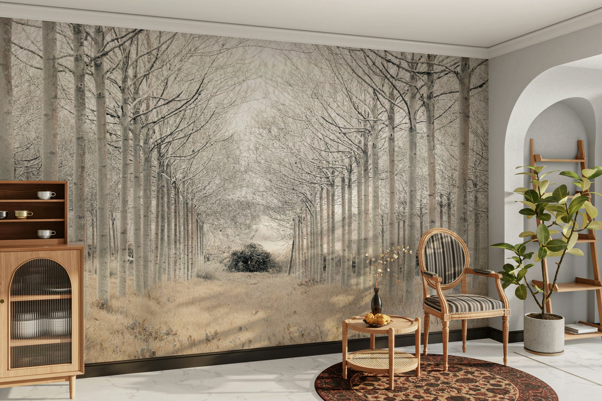 A wall mural of a snowy landscape with an alley of trees.

