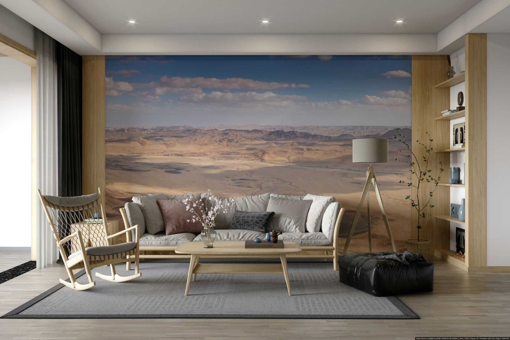 The mural gives a feeling of being in a quiet, open space.

