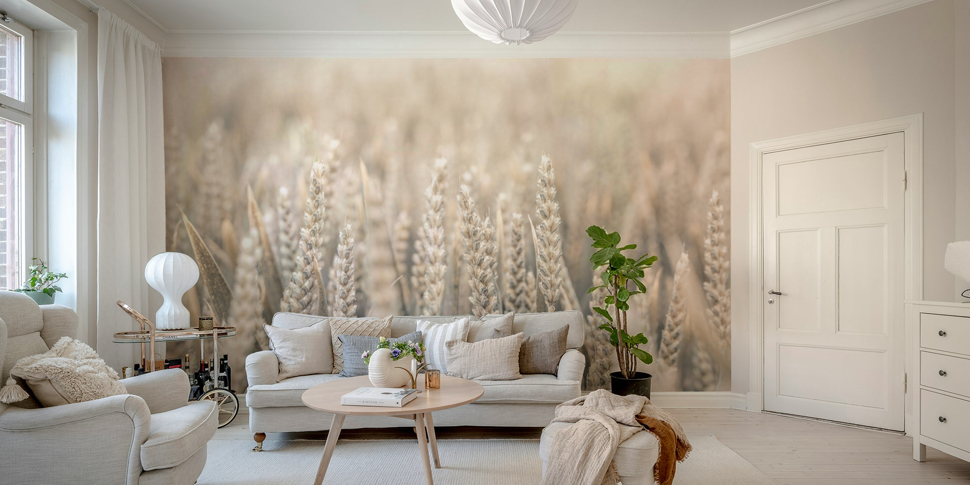 A wall mural of a field of grain.

