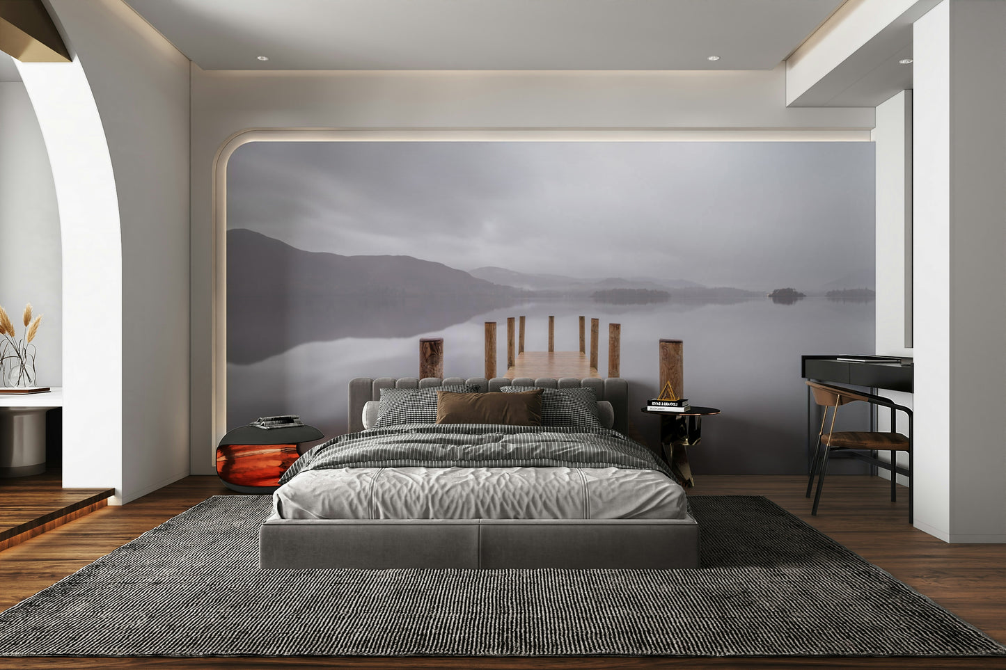 The mural gives a feeling of being in a quiet, natural place.

