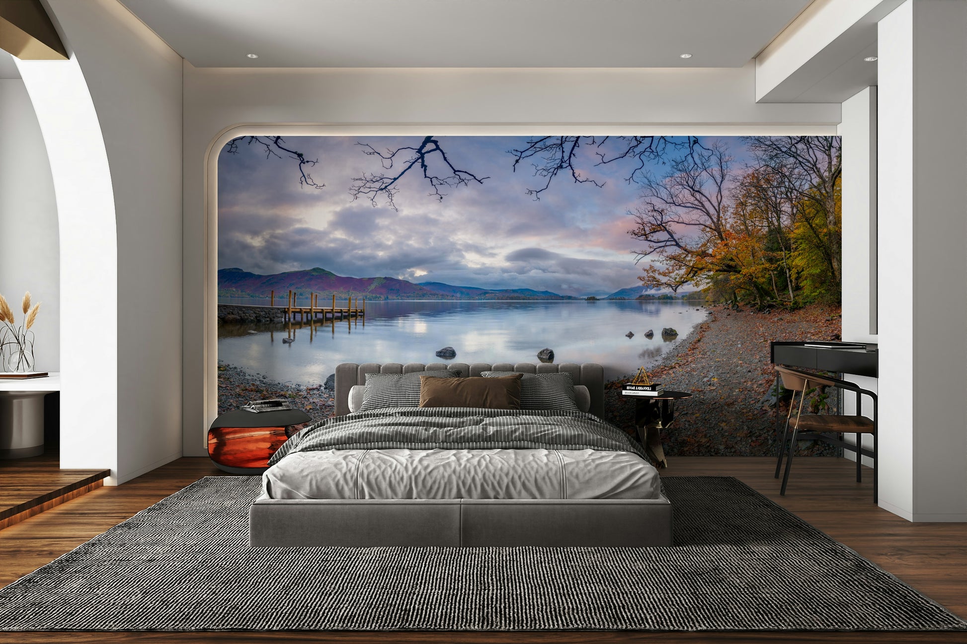 There are some tree branches in the water in the foreground.

