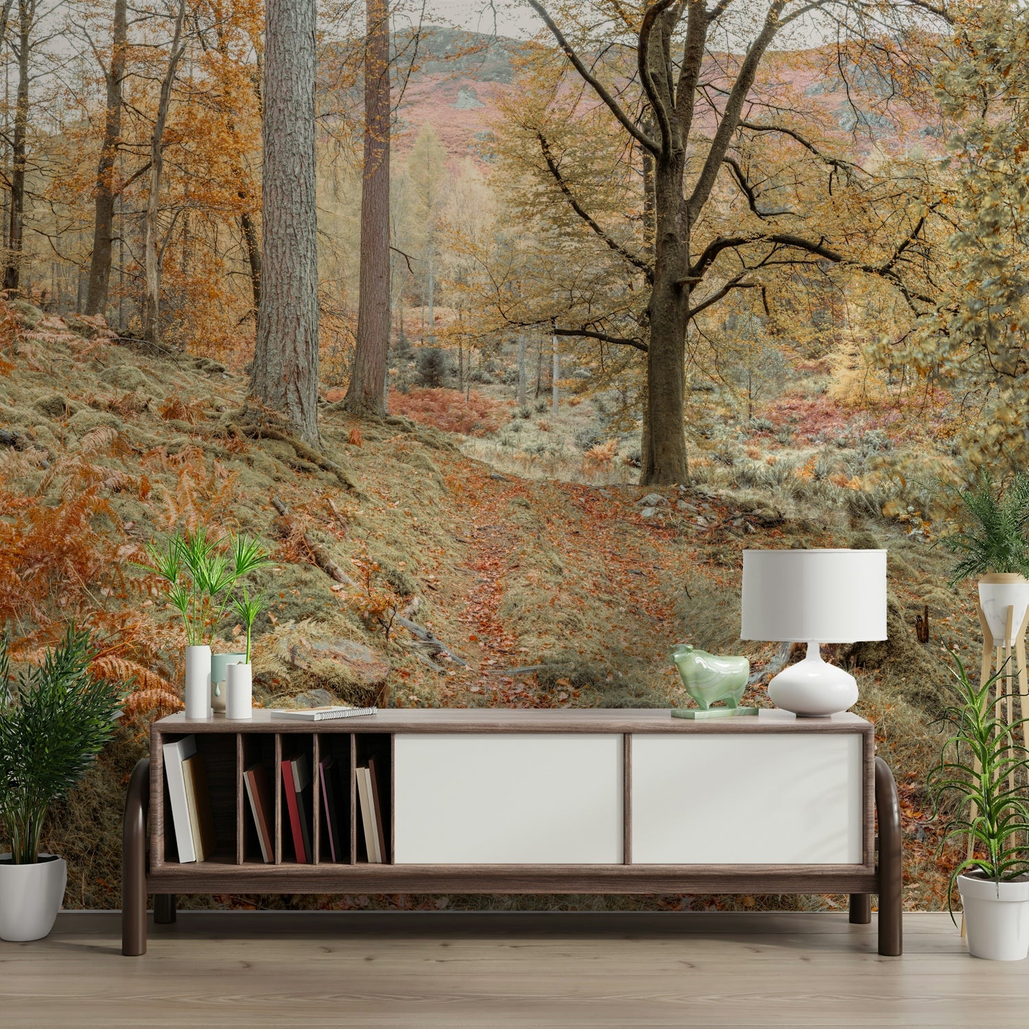 The image shows a path winding through trees.

