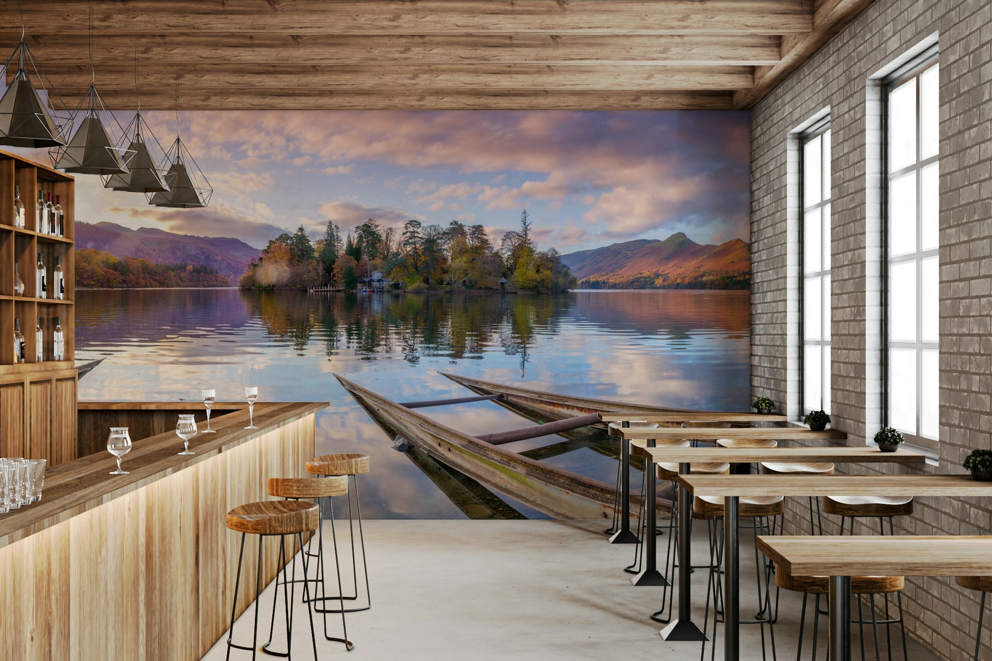 The image shows a peaceful lake surrounded by hills.

