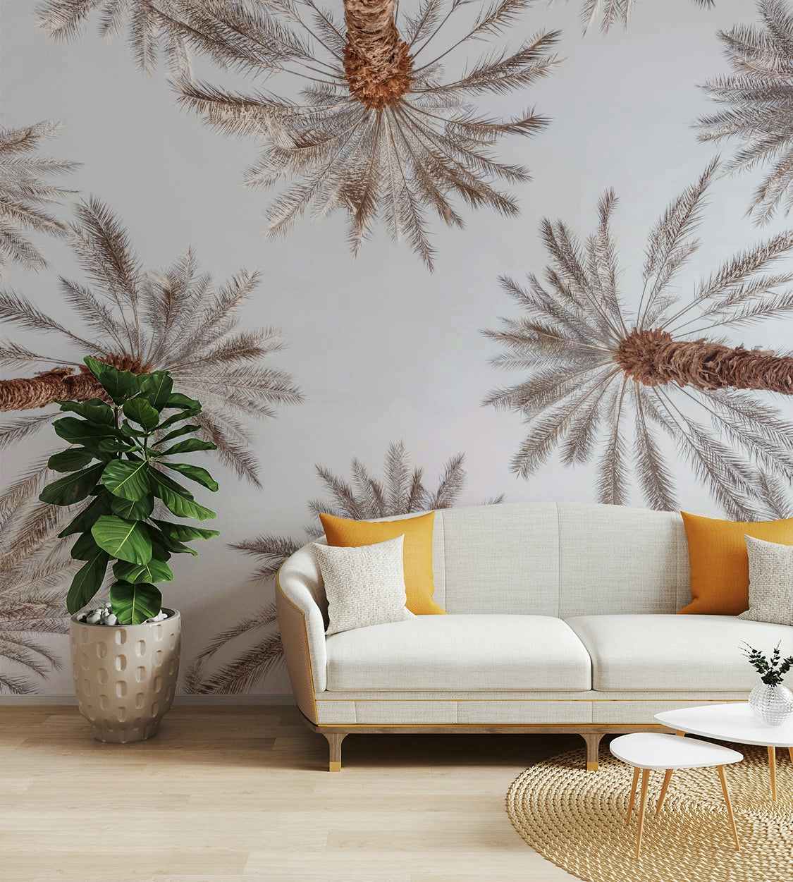 The image shows an artistic impression of a serene palm tree scene from below.

