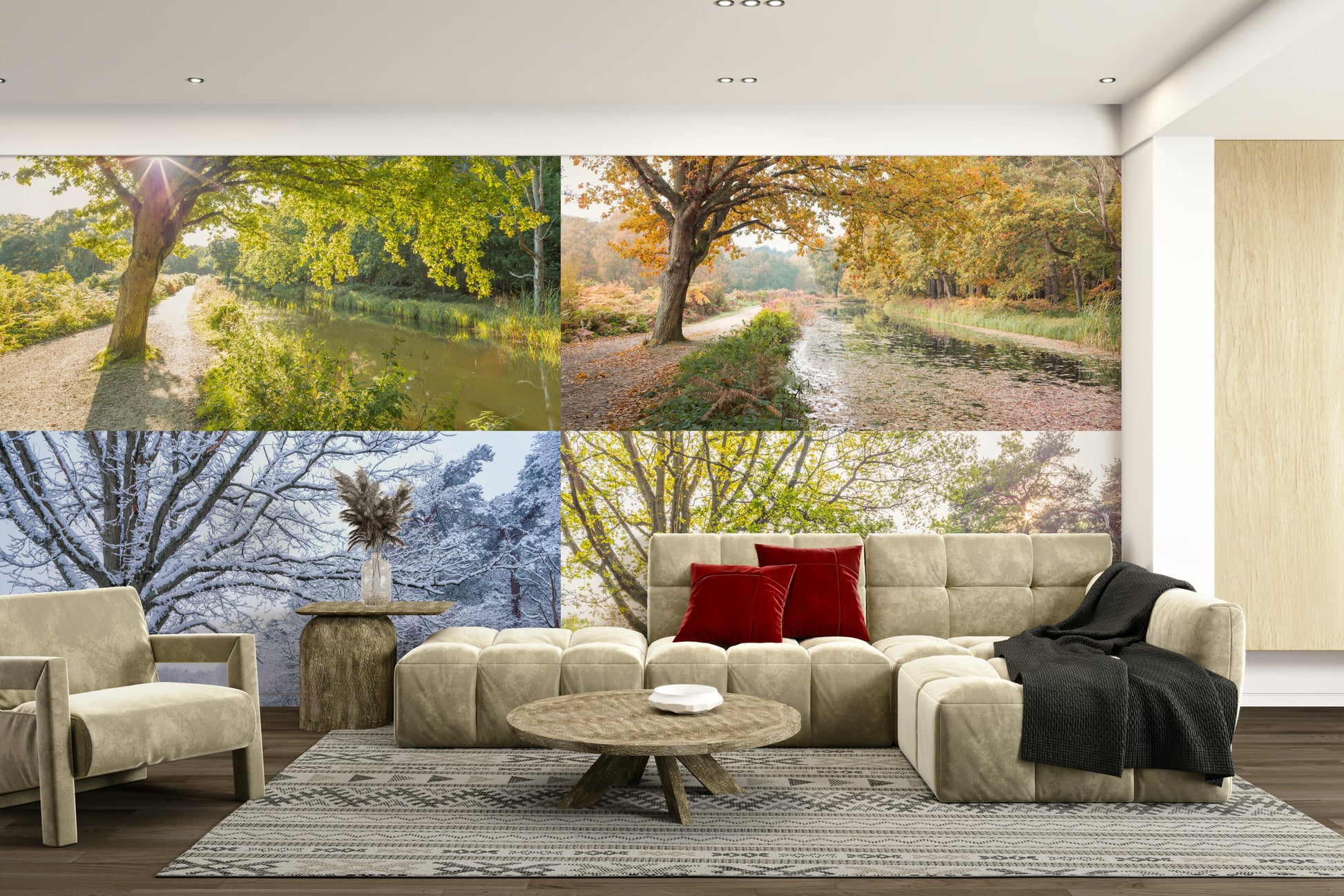 The trees and seasons are a central focus of the image.

