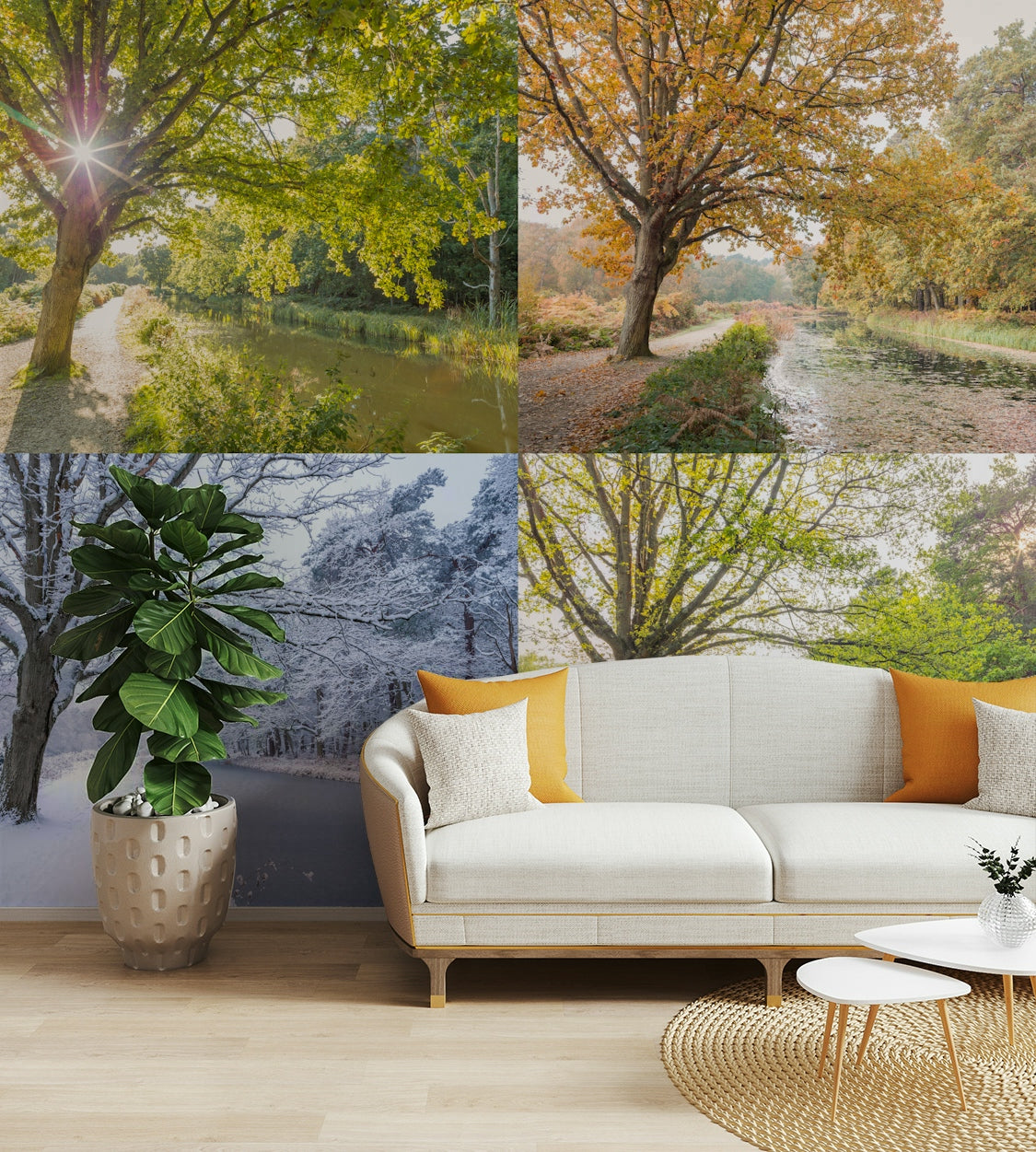 The colors are soft, muted tones of green, yellow, brown, and white.

