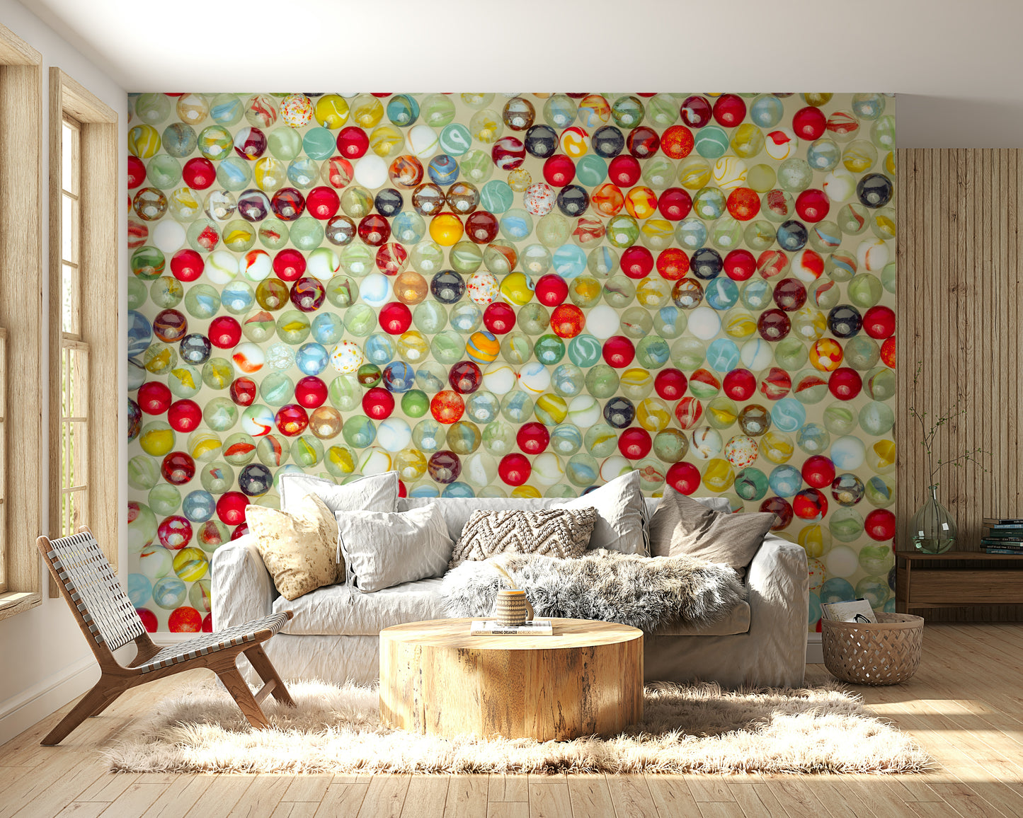 The colors are soft, muted tones of red, blue, green, and yellow.

