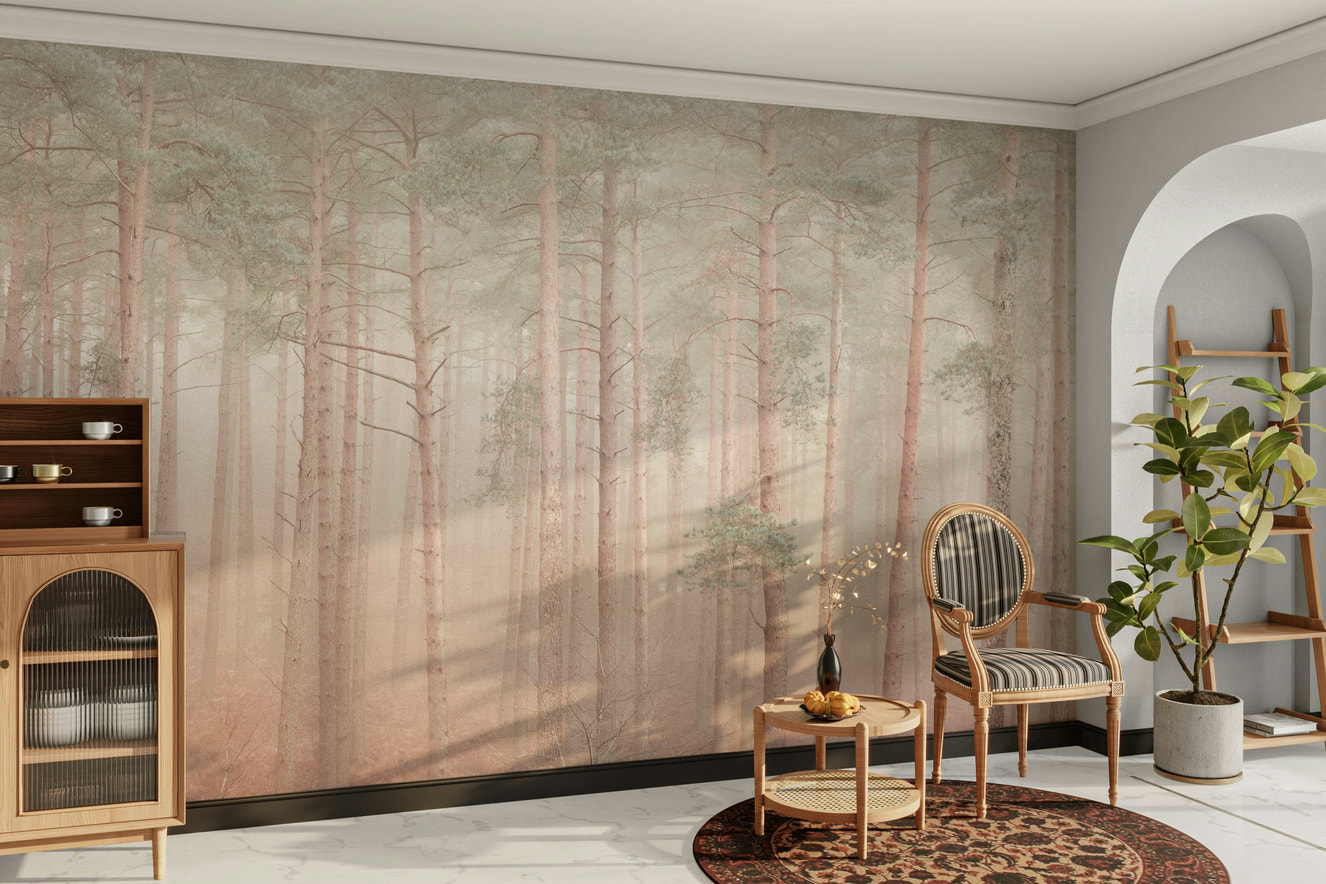 A wall mural of a peaceful forest scene.

