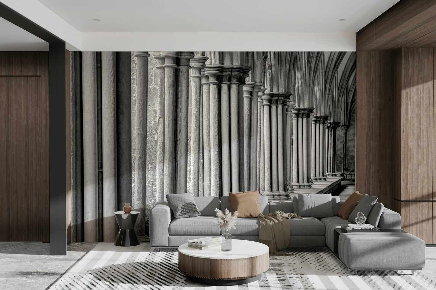 The colors are soft, muted tones of black, gray, and white.

