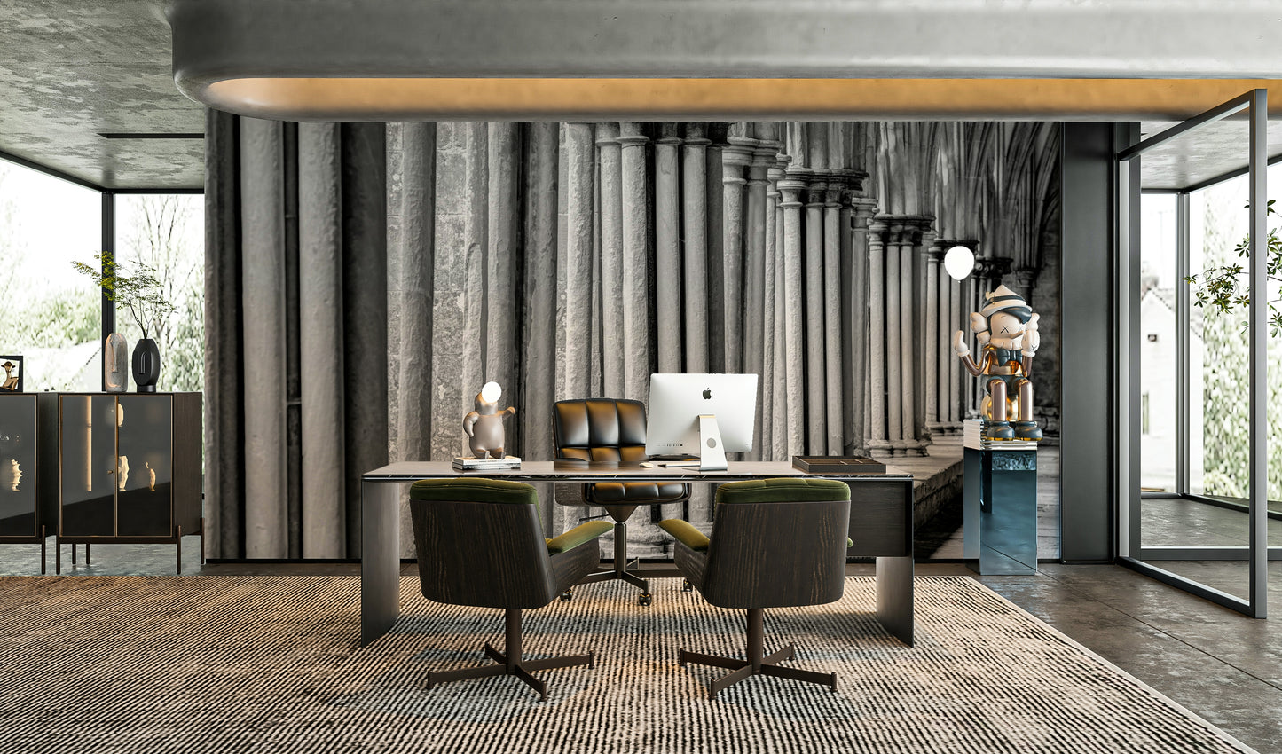 The image shows an artistic impression of a serene architectural scene with columns.

